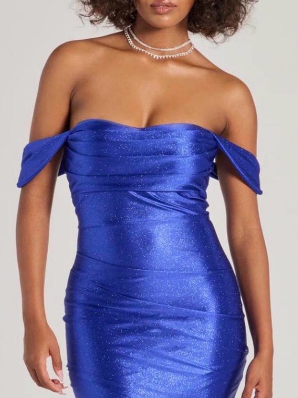 Windsor Off-Shoulder Shimmering Cobalt Mini Dress